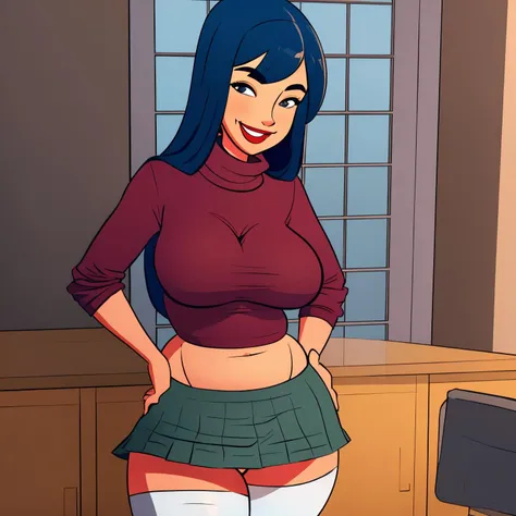 (masterpiece, best quality, 8k, 4k, uhd), <lora:JabComixStyle_r1.2:0.8> j4bc0m1x_jab style, 1girl, mature female, solo, blue hair, long hair, smile, facing viewer, looking at viewer, turtleneck, hands on hips, breasts, skirt, plaid skirt, (long skirt), curvy, thick, thighhighs, midriff, chubby, navel, wide hips, short sleeves, (looking at viewer), detailed face, thong, highleg panties