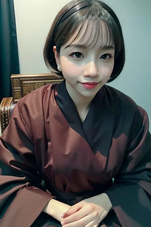 a beautiful empress portrait, smiling, happy, short hair, perfect brown eyes, with a brilliant, clothes Santa robes, everything Christmas, snow, symmetrical, dramatic studio lighting, rococo, baroque, greens, asian, hyperrealism, closeup, D&D, fantasy, intricate, elegant, highly detailed, digital painting, artstation, octane render, 8k, concept art, matte, sharp focus