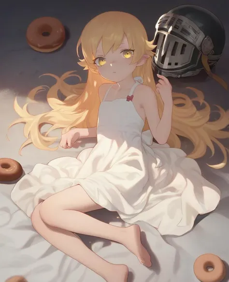 score_9,score_8,score_7,score_8_up,score_7_up,score_6_up, <lora:Fonglets_PumpkinSpiceLatte:1>
1girl, barefoot, english commentary, facial, feet, oshino shinobu, long hair, pumpkinspicelatte, blonde hair hair, golden eyes, solo focus, yellow eyes, toes, <lora:char-shinobu-pony:0.5> oshino shinobu, helmet, donut, white dress, sundress