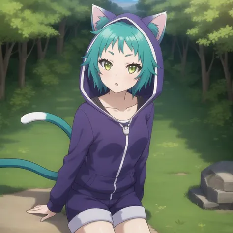 yuragisou-yaya, violet hoody violet shorts, cat ears, cat tail, green hair, short hair, green eyes, collarbone, full body, solo, 1girl, outdoors <lora:yuragisou-yaya:0.5>