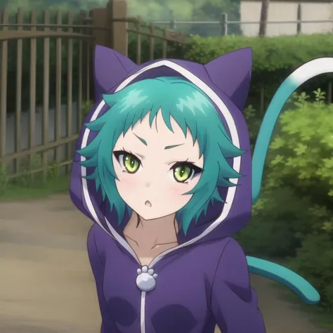 yuragisou-yaya, violet hoody violet shorts, cat ears, cat tail, green hair, short hair, green eyes, collarbone, full body, solo, 1girl, outdoors <lora:yuragisou-yaya:0.9>