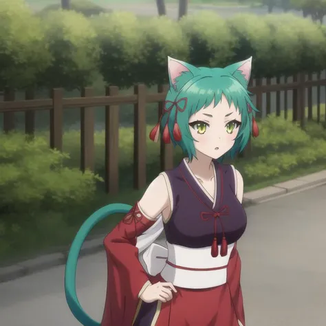 yuragisou-yaya, chinese dress, cat ears, cat tail, green hair, short hair, green eyes, collarbone, full body, solo, 1girl, outdoors <lora:yuragisou-yaya:0.6>