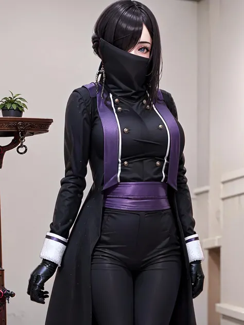 (extremely detailed CG), (best quality), 1girl, perfect face, absurdly long hair, bright pupils, (finely detailed beautiful eyes), shiny skin, lustrous skin, wide hips, narrow waist, <lora:RitaKing-05:0.7>RitaKing black coat, one eye covered,boots,high collar,covered mouth ,mouth mask,mask,black gloves,hair over one eye,gloves,long hair, indoors, side view big breast