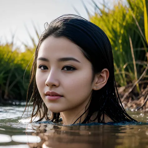 ((best quality)), ((masterpiece)), ,, white skin,symmetrical,High detail RAW color photo professional close photograph, (highly detail face: 1.2), twintails, half body, pore, real human skin, a portrait of a 18yo woman bathing in ocean,body contact water and ripple around, reeds,clear and clean water, shiny eyes,looking at viewer, wearing doctor uniforms, see-through , wet body, wet hair, tindal effect,lens flare,shade, bloom, backlighting, depth of field, natural lighting, hard focus, film grain, photographed with a Sony a9 II Mirrorless Camera, by Laurence Demais, (pureerosface_v1:0.4), (ulzzang-6500:0.4), <lora:Elixir:1>