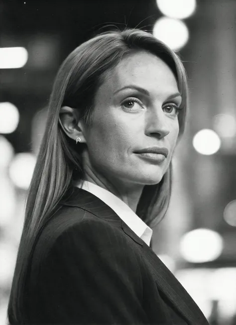 candid RAW close up portrait photo of sks woman in a (purple colored suit:1.0) on a dark street with shopping windows (at night:1.2), bokeh, Ilford Delta 3200 film, dof, high definition, detailed, intricate, flashlight, <lora:locon_jolene_v1_from_v1_64_32:1.25>