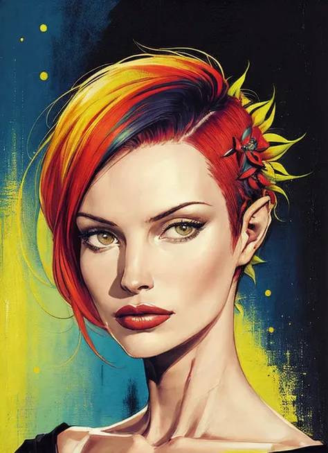portrait of sks woman by Flora Borsi, style by Flora Borsi, bold, bright colours, rainbow Mohawk haircut, ((Flora Borsi)), <lora:locon_jolene_v1_from_v1_64_32:1.25>