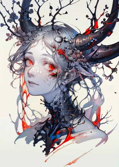 ( the picture split in half:1.3),white background,(broken face:1.2),((black and red)),A masterpiece! photographic portrait of an alien beast!! with seven heads!! and ten horns!! by gustave dore and sam spratt and allen williams, trending on artstation, cgsociety, 8 k hd,((1boy)),dissect,skeleton, skin,bone,rib,growth,tree branch on head,branch, fractal