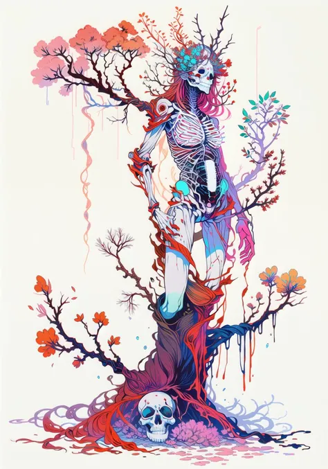 full body,grey background,(broken face:1.2),((white and red)),dissect,skeleton, skin,bone,rib,growth,leaf,tree branch on head,branch, fractal,DNA,spiral,butterfly,branch arm,branch legs