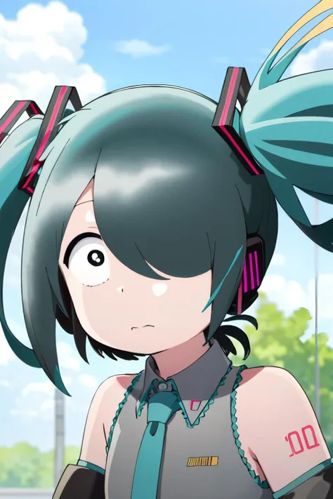 <lora:Clueless_First_Friend_style-v1:0.9> clueless_friend_style, <lora:GoodHands-vanilla:1>, (hatsune miku), upper body, looking to the side, (wind:1.2), blue sky, hair over one eye,, 1girl, (masterpiece:1.3), high quality, highres, absurdres, solo