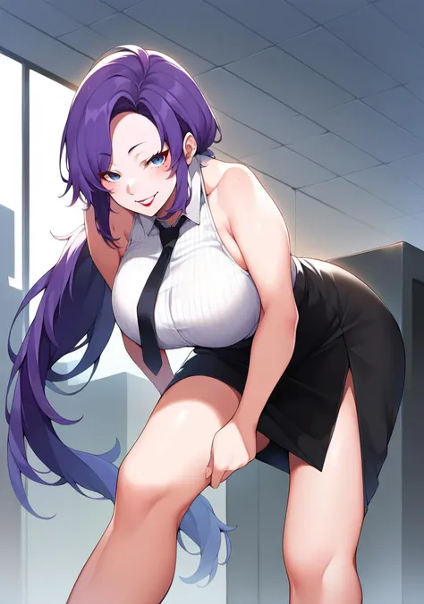 score_9, score_8_up, source_anime, 1girl, solo, purple hair, large breasts, blue eyes, ribbed shirt, sleeveless shirt, bare shoulders, black necktie, white blouse, office lady, smile, lipgloss,  very long hair, low ponytail, stiletto heels, standing fullbody, mole below eye, <lora:suruga-Style-PonyXL-DoRA-v1.1-000015:1>, cowboy shot