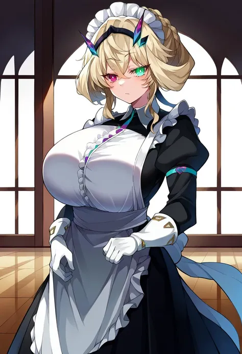 score_9, score_8_up, score_7_up, source_anime BREAK 1girl, solo, looking at viewer, cowboy shot,  <lora:Barghest_Sdxl:0.9>, Barghest_Maid, platinum blonde hair, twin braids, short hair, sidelocks, hair up, hair bun, heterochromia, glowing eyes, maid headdress, frilled dress, pleated dress, juliet sleeves, maid apron, collar, black skirt, long skirt, white gloves, huge breasts, curvy, indoors, vila, marble floor, glass table, day, window, <lora:suruga-Style-PonyXL-DoRA-v1.1-000015:1>