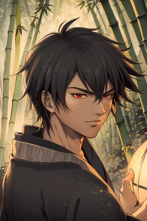 (masterpiece, best quality:1.4), highres, (Traditional media:1.2), ((2d)), (centered), retro artstyle, (thick lineart), (black outline), manga, fantasy art, (full angle view), (dynamic scene:1.1), official art, spot color, (SDK), (adult, male focus:1.2), upper body, holding katana, handsome, perfect face, detailed face, (looking at viewer:1.1), (detailed eyes, red eyes:1.2), kimono, (bamboo forest, bamboo thicket:1.2), wind, samurai, kimono, expressive pose, soft hatching effect, vibrant colors:0.6, (intricate details), floating particles, (Lumen Global Illumination:1.1), chromatic aberration:0.5, HDR, epic, fantasy, cascade lighting:0.3, (rim lighting:0.4), soft particles, Anime visuals inspired by Akimine Kamijyo and Ayya Saparniyazova:0.6, highly detailed, 9-bit color palette fantastical landscape, <lora:princessKaguyaGhibli_kaguyaEp3:0.2>, <lora:SDK-01 (1):0.8>