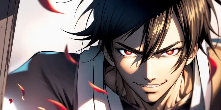( Masterpiece, Best Quality:1.3), high quality, (centered), (Dynamic scene:1.1), 2d, official art, solo, Manga, portrait, upper body, dynamic angle, (8k resolution), SDK, (Traditional Media:1.2), (male focus), samurai, perfect face, mouth open, (full angle view:1.2), handsome, cool, serious, (focus face:1.2), evil smile, black kimono, sitting, katana, hadanugi dousa, (volumetric lighting), (extremely detailed face, deep eyes:1.2), eye focus, red eyes:1.2, looking at viewer:1.2, silhouette, (manly), east asian architecture, wind, petals, wood, floating particles, bokeh:0.2, (full body:1.2), (fantasy), (dark room:1.3), light pouring through japanese window, intricate details, (depth of field:1.1), dramatic, 85mm, sharp focus, highly detailed, tree, (contrast), scenery, perfect composition, <lora:SDK-01 (1):0.7>, <lora:epiNoiseoffset_v2:0.25>