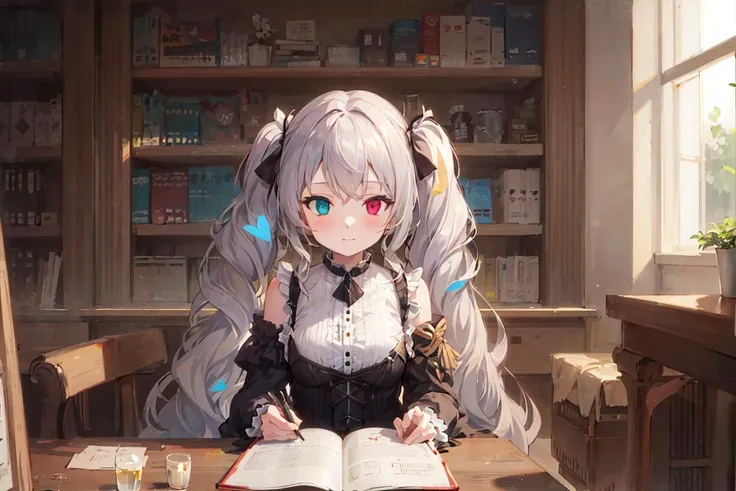 masterpiece, best quality, 1girl, solo, sitting in library, reading, by windows,upper body, detailed blue dress,closed mouth,
((twintails), very long fluffy gery hair), heterochromia, <lora:25ji_m:0.5>