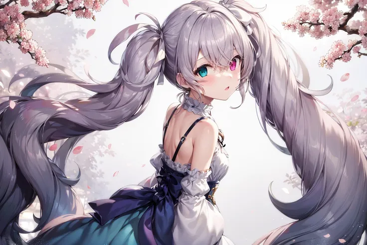 masterpiece, best quality, absurdres, 1girl,solo, standing, (twintails, very long fluffy gery hair), blue china dress,
<lora:25ji_m:0.8>,heterochromia,detailed Cherry blossom,looking back,hidden hands, arms behind back