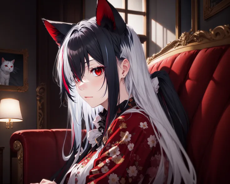 1girl, solo, (silver hair, black hair, streaked hair:1.2), (long hair:1.2), swept bangs, hair over one eye, (red eyes:1.2), (cat ears:1.15), (lightning:1.1), medium breasts, short girl, (frown:0.6), disappointed,
close-up, portrait, evening, indoors, couch, red velvet couch, living room, floral pattern, looking at viewer, lying, from side, closed mouth, colored inner hair,
(symmetric), (masterpiece, exceptional, best aesthetic, extremely detailed:1.1), vivid colours