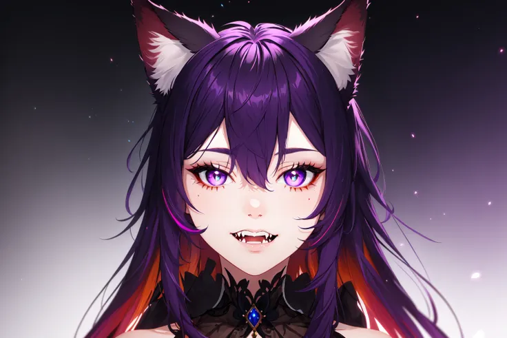 (cat ears, animal ear fluff:1.05), 1girl, purple hair, multicolored hair, long hair, sidelocks, portrait, solo, gradient eyes, detailed background, light particles, fangs, v over eye, looking at viewer, (smiling:0.6),
(exceptional, masterpiece, extremely detailed:1.1), vivid colours, 8k, tone mapped