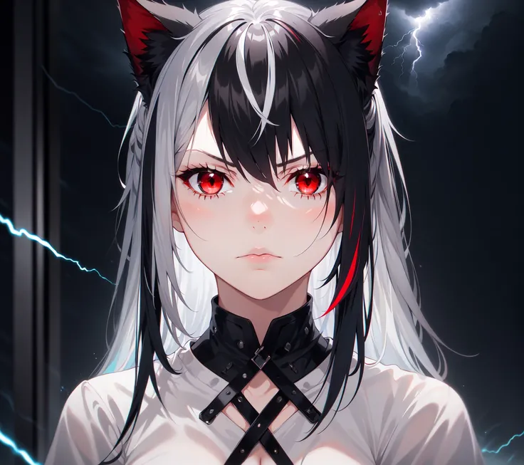 1girl, solo, (silver hair, black hair, streaked hair:1.2), (long hair:1.2), swept bangs, (hair over one eye:1.1), (red eyes:1.2), (cat ears:1.15), (lightning, thunder, atmospheric lighting:1.1), medium breasts, short girl, disappointed, angry,
close-up, portrait, looking at viewer,
(symmetric), (masterpiece, exceptional, best aesthetic, extremely detailed:1.1)
