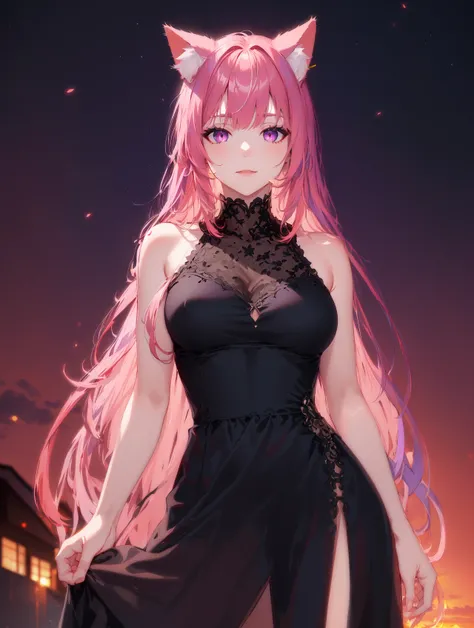 1girl, solo, bangs, red hair, (pink hair:1.1), long hair, very long hair, (purple eyes:1.1), (cat ears, animal ear fluff:1.05),
outdoors, night, sunset, cowboy shot, contrapposto, black dress, long dress,
gradient eyes, colored inner hair, medium breasts, (smile:0.7), (masterpiece, best quality, exceptional, extremely detailed:1.1)