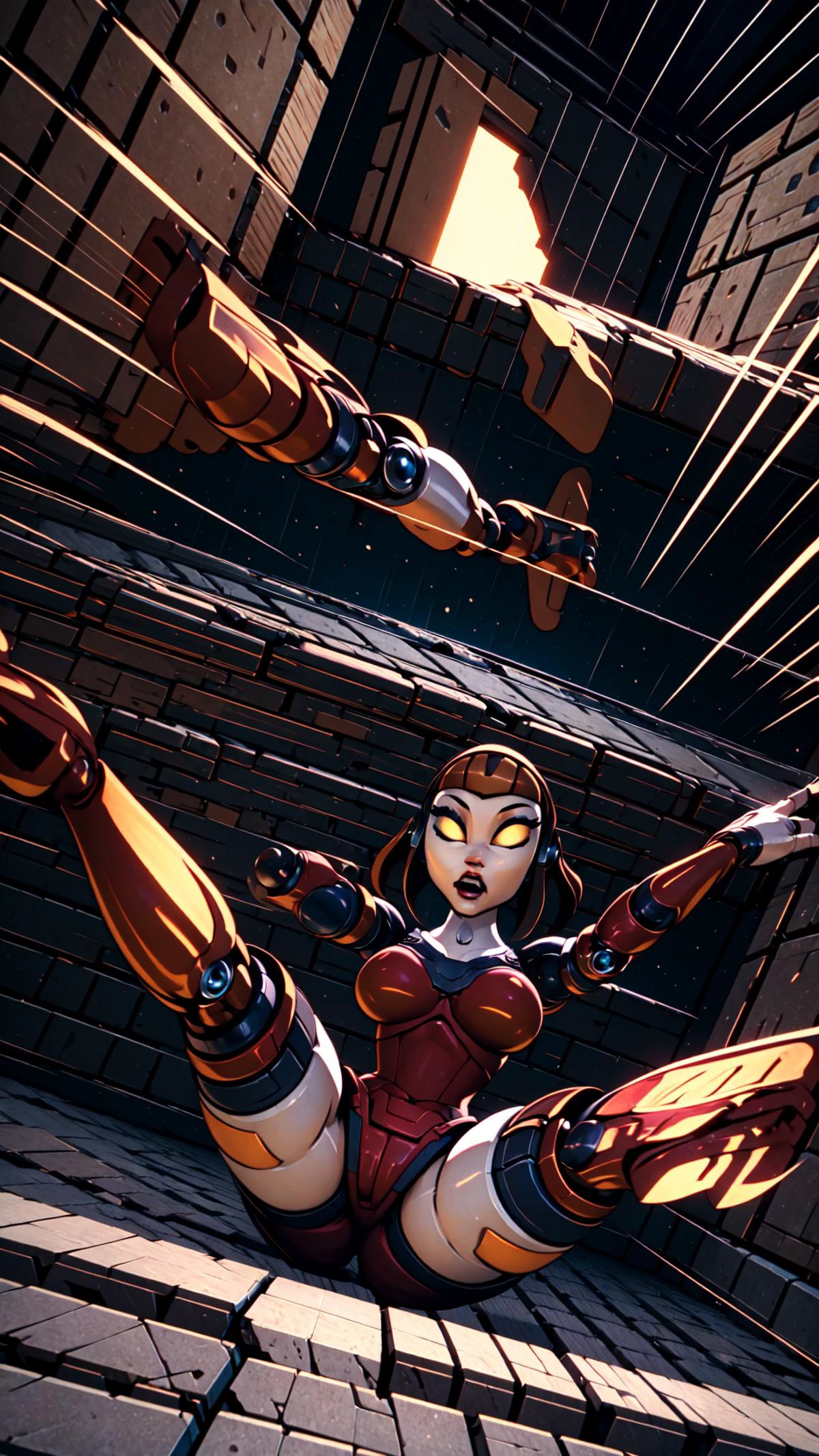 <lora:CourtneyGearsLORAV2-step00003500:0.8> courtney gears, 1girl, robot, robot joints, white skin, yellow eyes, brown hair, red metal, thighhighs, miniskirt, BREAK, <lora:pitFall:0.6> (big square pitfall, big square pit hole, falling, bottomless pitfall, foreshortening, perspective:1.33), arms up, dungeon, brick floor, stone floor, full body, reaching towards viewer, dramatic and urgent scene, from above, motion lines, speed lines, (falling, foreshortening, perspective, spread legs, legs up, bottomless pitfall:1.33), arms up, dungeon, from above, dutch angle, motion lines, speed lines, masterpiece, best quality, extremely detailed, highly quality, 4k, sharp focus, professional, sharp focus, award winning, cinematic lighting, octane render, unreal engine, volumetrics dtx, Wallpaper,