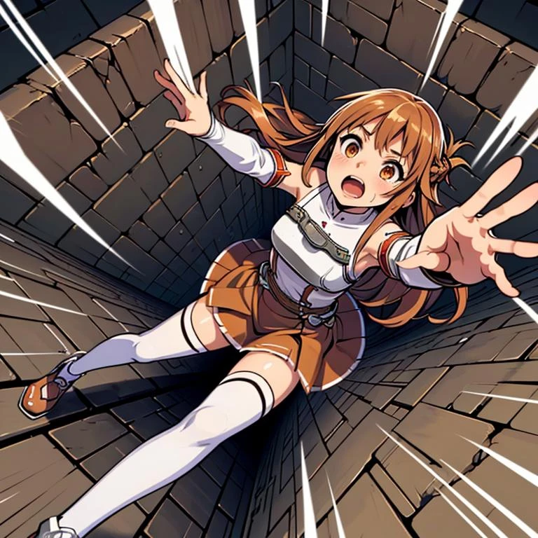 masterpiece,best quality,highly detailed,1girl,solo,surprise,constricted pupils,scared,screaming,
<lora:asuna_(sao)_v1:0.7>,aaasuna,long hair,brown hair,braid,brown eyes,bare shoulders,armor,breastplate,white sleeves,detached sleeves,red skirt,pleated skirt,white thighhighs,
BREAK
<lora:pitFall:0.5>,(((falling, foreshortening, perspective, bottomless pitfall))),arms up,dungeon,from above,reaching towards viewer,dutch angle,spread legs,legs up,pantyshot,