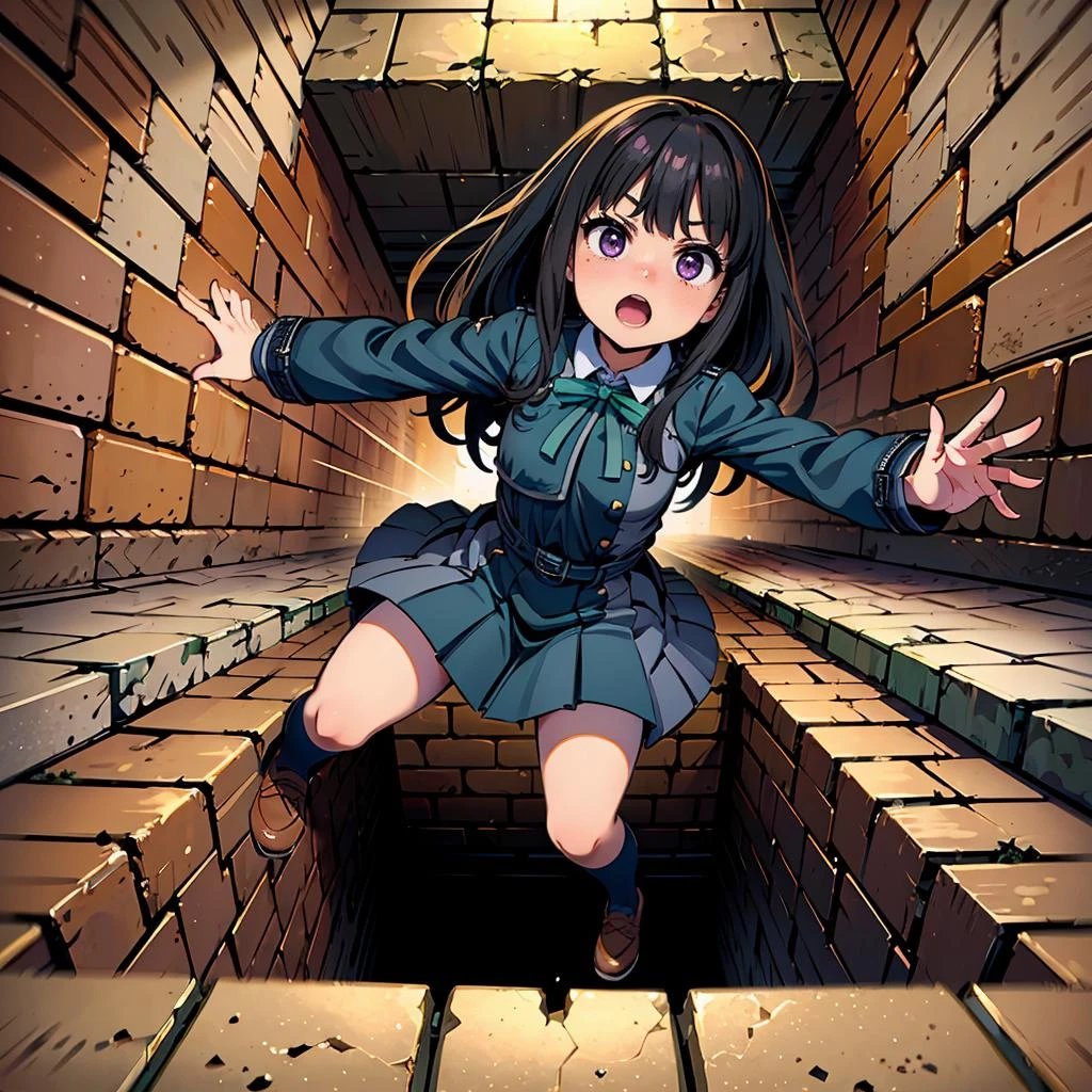 masterpiece,best quality,highly detailed,1girl,solo,surprised,constricted pupils,screaming,scared,
<lora:takina_inoue_v1:0.75>,takina inoue,purple eyes,black hair,long hair,lycoris uniform,green ribbon,long sleeves,two-tone dress,pleated dress,collared shirt,kneehighs,
BREAK
<lora:pitFall:0.5>,(((big square pitfall, big square pit hole,falling,bottomless pitfall,foreshortening, perspective))),arms up,dungeon,brick floor,stone floor,full body,reaching towards viewer,dramatic and urgent scene,from above,motion lines,speed lines,