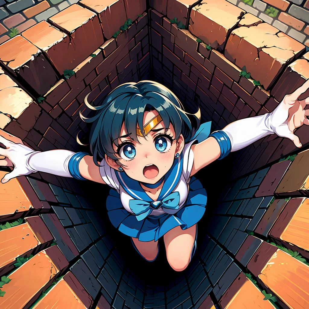 masterpiece,best quality,highly detailed,1girl,solo,surprise,constricted pupils,scared,screaming,
<lora:mercury_v2:0.75>, mer1,tiara,sailor senshi uniform,blue sailor collar,bow,knee boots,choker,white gloves,blue choker,elbow gloves,jewelry,earrings,blue skirt,
BREAK
<lora:pitFall:0.5>,(((big square pitfall, big square pit hole,falling,bottomless pitfall,foreshortening, perspective))),arms up,dungeon,from above,brick floor,stone floor,full body,reaching towards viewer,dramatic and urgent scene,