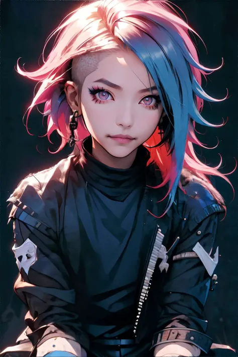 <lora:niji-visualkei:1.0>, Niji Kei, visual kei, genderless, long hair, jacket, fur trim, two-tone hair, vivid colors, shaved side, closed smile, earrings, detailed eyes, model pose, cowboy shot, masterpiece, 8k, high resolution, shallow depth of field, sharp focus
