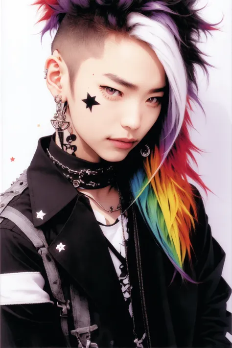Niji Kei, long hair, looking at viewer, black hair, white background, jewelry, purple eyes, jacket, upper body, red hair, multicolored hair, earrings, choker, necklace, star (symbol), mole, hair over one eye, collar, black jacket, mole under eye, tattoo, gradient hair, chain, piercing, ring, ear piercing, black nails, spikes, black border, leather, 1boy<lora:Niji_Visual_Kei:1>
