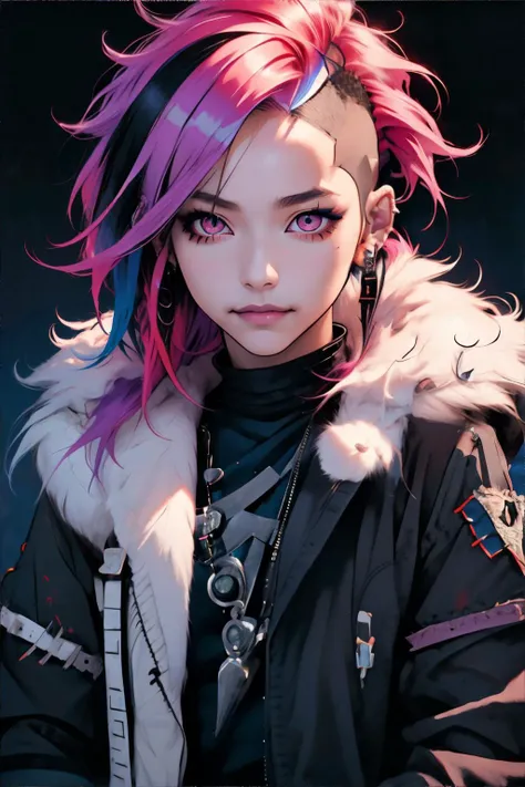 <lora:niji-visualkei:0.8>, Niji Kei, visual kei, genderless, long hair, jacket, fur trim, two-tone hair, vivid colors, shaved side, closed smile, earrings, detailed eyes, model pose, cowboy shot, masterpiece, 8k, high resolution, shallow depth of field, sharp focus