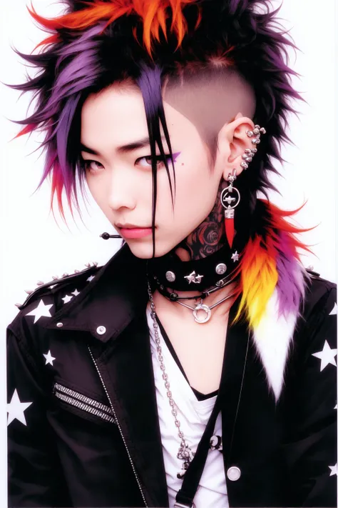 Niji Kei, long hair, looking at viewer, black hair, white background, jewelry, purple eyes, jacket, upper body, red hair, multicolored hair, earrings, choker, necklace, star (symbol), mole, hair over one eye, collar, black jacket, mole under eye, tattoo, gradient hair, chain, piercing, ring, ear piercing, black nails, spikes, black border, leather, 1boy<lora:Niji_Visual_Kei:1>