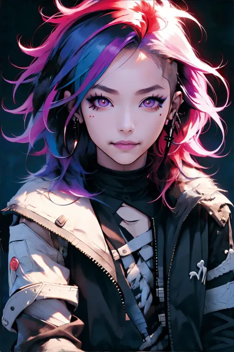 <lora:niji-visualkei:1.0>, Niji Kei, visual kei, genderless, long hair, jacket, fur trim, two-tone hair, vivid colors, shaved side, closed smile, earrings, detailed eyes, model pose, cowboy shot, masterpiece, 8k, high resolution, shallow depth of field, sharp focus