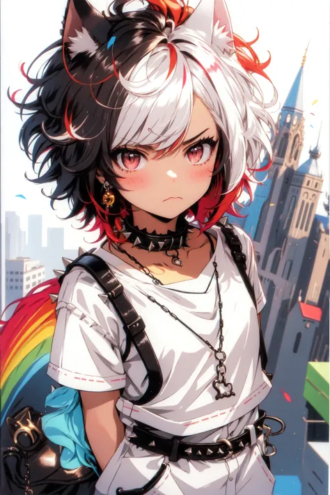 Niji Kei, neko, looking at viewer, blush, short hair, bangs, brown hair, black hair, red eyes, animal ears, jewelry, closed mouth, tail, upper body, white hair, red hair, multicolored hair, earrings, belt, cat ears, necklace, collar, two-tone hair, streaked hair, cat tail, chain, frown, arms behind back, cat girl, :<, spikes, 1boy <lora:Niji_Visual_Kei:1>