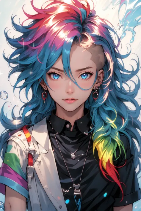 Niji Kei, long hair, looking at viewer, blue eyes, shirt, 1boy, genderless, asian, hair between eyes, jewelry, closed mouth, blue hair, male focus, multicolored hair, earrings, necklace, lips, floating hair, blue shirt,  messy hair, water splash, glitter explosion, pendant,<lora:Niji_Visual_Kei:1>