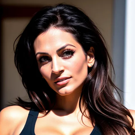 A woman whose facial features are a combo of Ana Cheri + Lana Parrilla + Cerina Vincent + Morena Baccarin + Tati Zaqui. The woman is 1/2 Latinx and 1/2 Amerindian (Pawnee). The woman is 34 years old. The woman has long dark-brown hair. The woman has brown eyes. The woman has olive skin. The woman has a slender, peanut-shaped, and athletic figure. The woman is clothed in a black tank top and jeans. The woman wears a stainless steel crescent moon necklace. The woman has lovely makeup on her face. Cyberpunk sci-fi setting. Symmetrical eyes. Symmetrical face. Great details. Photorealistic. Full-colored photo. Professional photo. Highly detailed 8K.