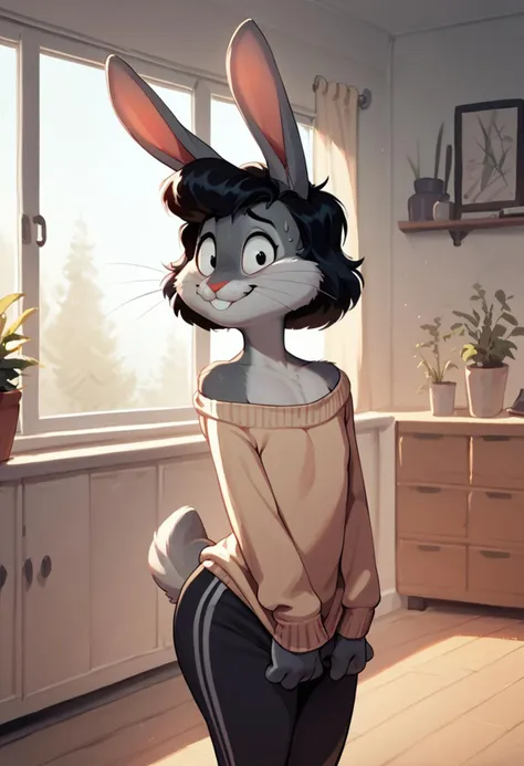 score_9, score_8_up, score_7_up, fembugsbunny, furry, grey fur, whiskers,solo, sweater, sweatpants,  black hair, medium hair,(wide hips:0.6),flat chest,inside,standing,indoors,smile,nervous ,view from behind,looking back at viewer