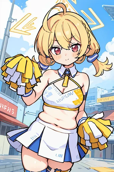 (masterpiece, best quality), 1girl, beautiful face, <lora:chiakotori_03_model:1> (kotori,halo,cleavage,blonde hair,red eyes,plump,cheerleader,ahoge,gloves,mini skirt,mini skirt:1.0),