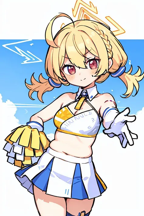 (masterpiece, best quality), 1girl, beautiful face,   <lora:chiakotori_03_model:1> (kotori,halo,cleavage,blonde hair,red eyes,plump,cheerleader,ahoge,gloves,mini skirt,mini skirt:1.0),