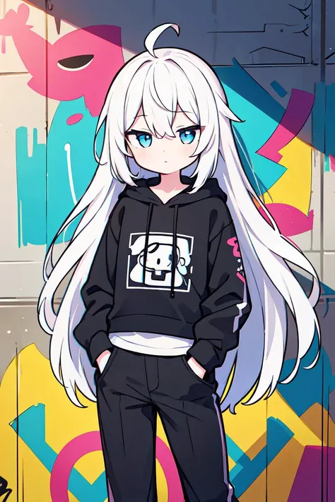 masterpiece, ultra detailed, (kawaii:1.1), (cute), (high resolution:1.2), incredibly absurdres:1.3, incredibly fine illustration BREAK (vivid color:1.2), (colorful:1.4), 1girl, gyaru, blue eyes, white hair, absurdly long hair, ahoge, expressionless, on the street, fence, (colorful graffiti:1.2), small breasts, black unzipped hoodie, pale skin, cold attitude, tshirt, flat chest, pants, straight hair, hands in pockets