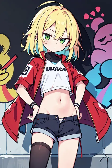abstract 1998 european blond hiphop girl by sachin teng x supreme, attractive, stylish, designer, green, asymmetrical, geometric shapes, graffiti, street art, nude, nsfw, partially undressed, undressing, (tracksuit), <lora:add_detail:0.4>, <lora:undressing_top.v1.0:0.7>