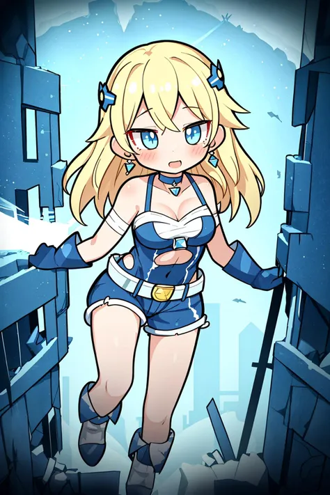 comic book art style, masterpiece, ultra-detailed, stunning art, illustration, 8k cg wallpaper, 1girl, superhero, solo, flying, perfect anatomy, cute face, shouting, blushing, sparkling eyes, deep blue eyes, beautiful detailed eyes, blonde hair, long hair, hair blowing in wind, cute hair accessories, cute earrings, cute choker, slim body, medium-large breasts, torn skin-tight bodysuit, superhero belt, perfect arms, perfect hands, perfect fingers, cute arm accessories, brightly glowing hands, perfect legs, cute leg accessories, cute, pretty, beautiful, sexy, perfect body, (background: destroyed city, broken buildings, fire, rubble, intricately detailed background), <lora:NeverAlone:1>