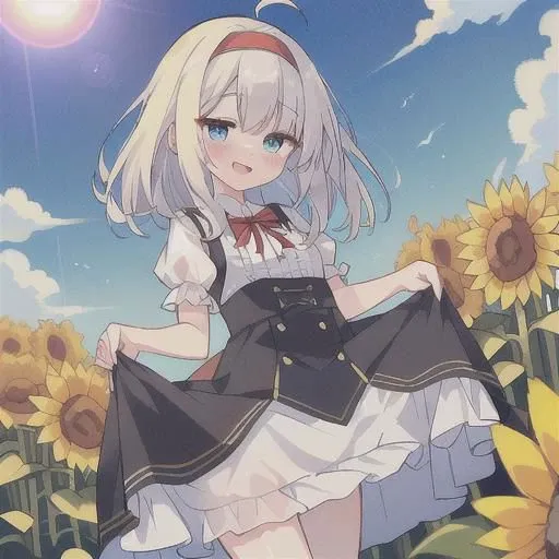 (extremely detailed CG unity 8k wallpaper),(masterpiece), (best quality), (ultra-detailed), (best illustration),(best shadow), (an extremely delicate and beautiful), medium white hair, blue eyes, white sun dress, sunflower, see through dress, smiling, open mouth, red hairband, blushing, blue sky, skirt lift