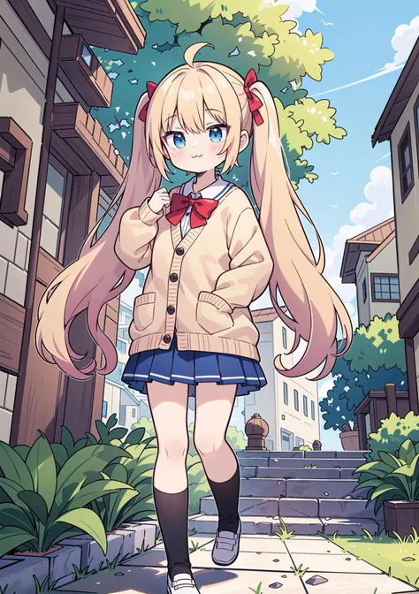 ((masterpiece:1.4, best quality)), ((masterpiece, best quality)),cute girl standing in the back alley,pale-blonde hair,blue eyes,(loose curly long twintails),light brown cardigan,(overly long sleeves:1.3),mini skirt,loose socks,red bowtie,full body,:3,kawaii,cowboy shot,concept art,trees,blue sky,stairs