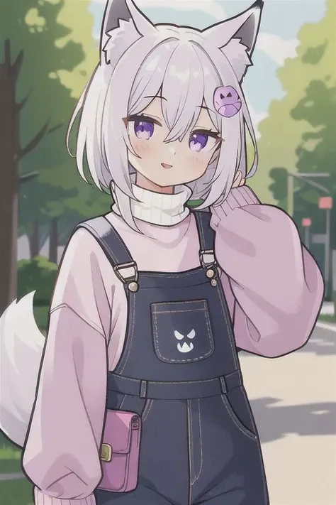 1girl, animal ears, solo, outdoors, sweater, purple eyes, long sleeves, bangs, overalls, purple nails, animal ear fluff, virtual youtuber, looking at viewer, hair ornament, pink sweater, hair between eyes, sleeves past wrists, nail polish, parted lips, turtleneck sweater, jacket, smile, fox shadow puppet, white hair, fox ears, white sweater, puffy sleeves, turtleneck