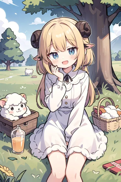 best quality,detailed illustration,kawaii,sheep girl,sheep ears,standing,happy,smile,open mouth,hand on own cheek,picnic basket,sitting,outdoors,cowboy shot,