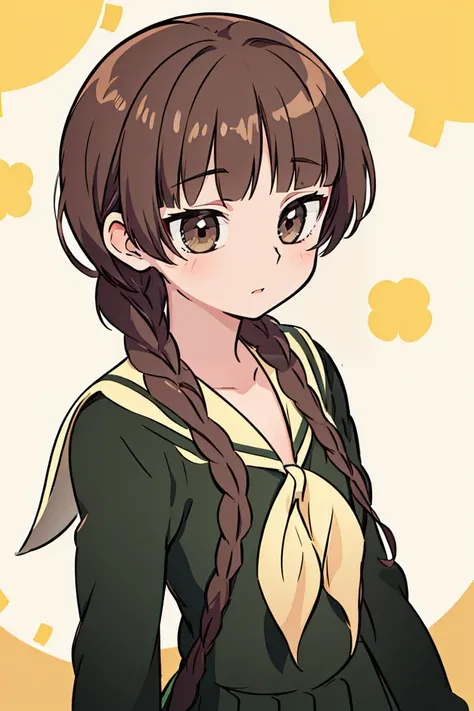 (masterpiece, best quality), 1girl, beautiful face, <lora:shimazu_yoshino_v1:1> aayoshino, long hair, twin braids, brown eyes, hair over shoulder, school uniform, sailor collar, neckerchief, green shirt, sailor shirt, long sleeves, green skirt, long skirt,