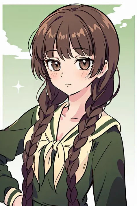 (masterpiece, best quality), 1girl, beautiful face,   <lora:shimazu_yoshino_v1:1> aayoshino, long hair, twin braids, brown eyes, hair over shoulder, school uniform, sailor collar, neckerchief, green shirt, sailor shirt, long sleeves, green skirt, long skirt,