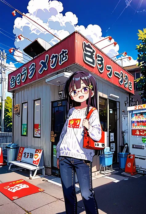 score_9, score_8_up, score_7_up, rating_safe, masterpiece, best quality, absurdres, unity 8k wallpaper, official art, official style, source_anime, uncensored, game cg, megami magazine,
1girl, solo, glasses, black hair, long hair, white ribbed sweater, jeans, bag, happy, smile, looking at viewer, open mouth, solo focus,
miyakko, storefront, japan, outdoors, vending machine, scenery, power lines, sky, utility pole, building, day, cloud, road, shop, blue sky, street, trash can, sign, tree
<lora:miyakko_pony_V1:1>