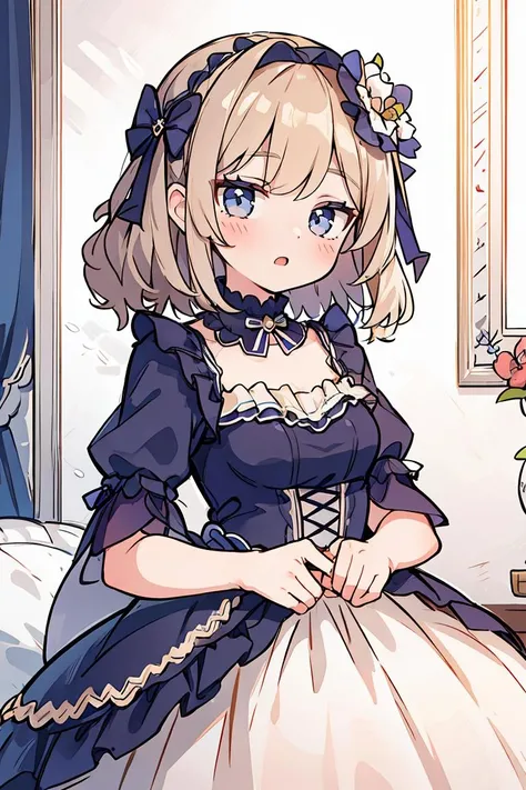 a girl laying down on a bed, 1girl, ultra detailed, high quality, indoors, bedroom, bed, cute, blushing, beautyful face, beautyful body, white dress, laying on her back, blonde hair, short hair, white stocking. fullbody,