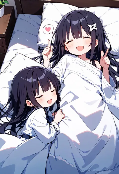 score_9, score_8_up, score_7_up, rating_safe, masterpiece, best quality, absurdres, unity 8k wallpaper, official art, official style, source_anime, uncensored, game cg, megami magazine, ultra delicate hair,
2girls, chibi, black hair, long hair, happy, smile, :3, thumbs up, speech bubble, spoken heart,
futon, pillow, closed eyes, bed, sleeping, lying, under covers, blanket,
<lora:kakefuton_pony_V1:1>